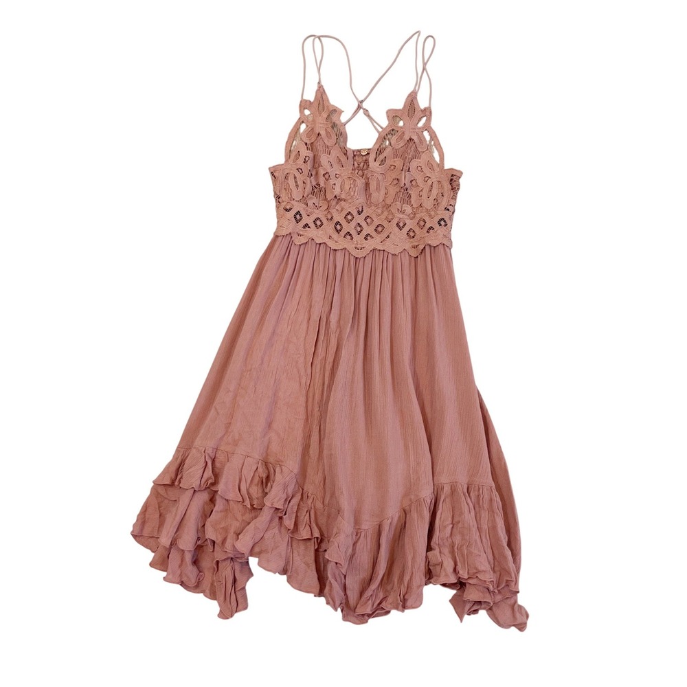 Free People FP One Adella Slip Dress Pink Lace Boho Ruffle Mini Size Small